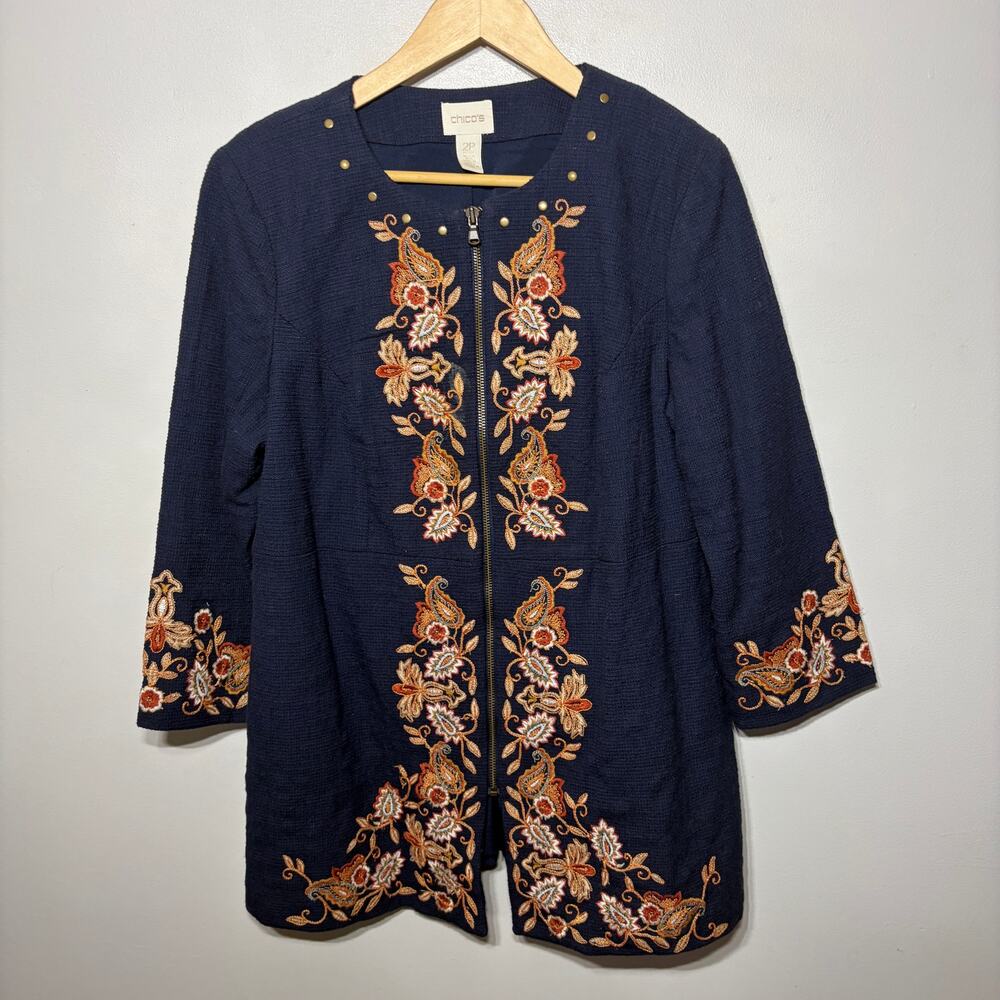 Chico's Jacket Navy Blue Fall Boho Floral Embroidered Studded Full Zip Office LP